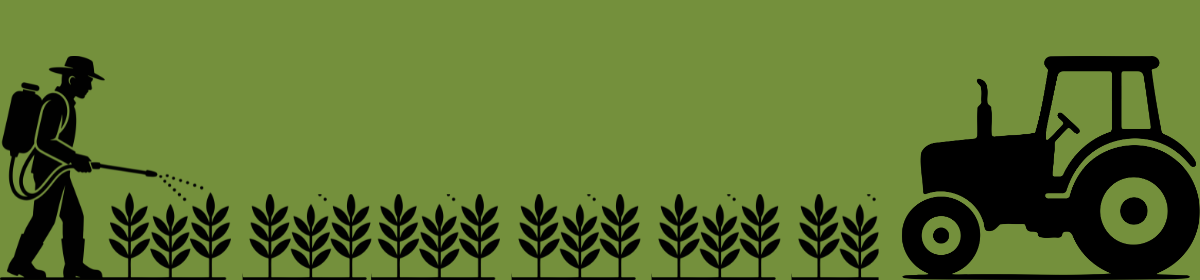 Silhouette of a farmer spraying crops with pesticides on one side and a tractor on the other, with rows of crop plants in between, set against a green background.