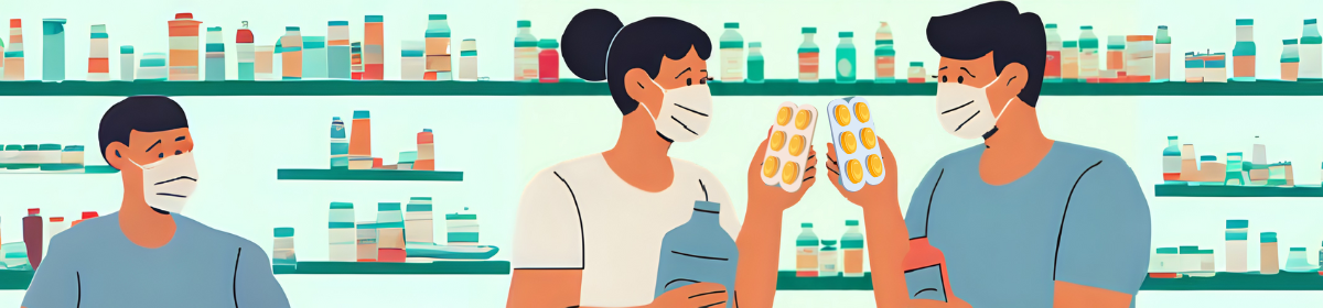 Image of two masked people holding bottle and tablet pack each and a masked onlooker observing them in a background with medicines on shelves.