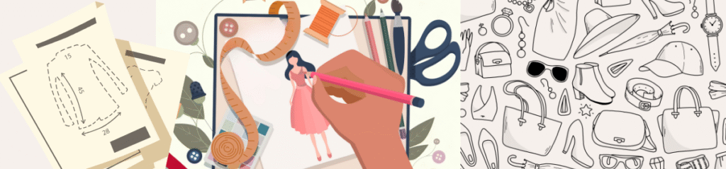 Fashion design process illustration showing dress pattern sketches, a designer drawing a dress on paper with sewing tools, and outlines of accessories like bags, shoes, and hats.