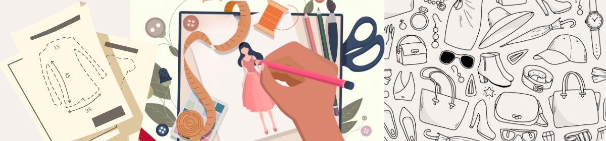 Fashion design process illustration showing dress pattern sketches, a designer drawing a dress on paper with sewing tools, and outlines of accessories like bags, shoes, and hats.