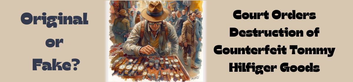 Image of person inspecting watches in a market background, with the texts, 'Original or Fake?' in the left and 'Court Orders Destruction of Counterfeit Tommy Hilfiger Goods' in the right.