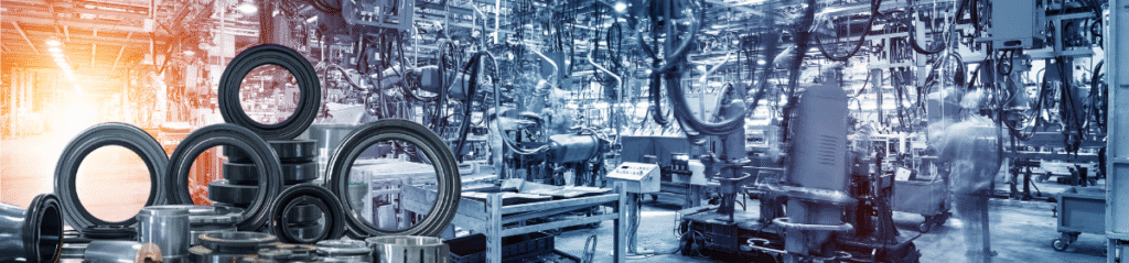 Automotive factory with machinery and rubber oil seals in the foreground.
