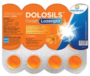 DOLOSILS Lozenges packaging in orange, white, blue and silver with branding in white.