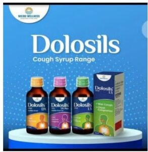 Three DOLOSILS cough syrup brown bottles with yellow, pink and green labels and a box in blue and green colour scheme.