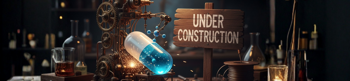 A stylized laboratory scene showing a large blue capsule being constructed by steampunk-style mechanical arms, with sparks flying. A wooden sign next to the capsule reads "UNDER CONSTRUCTION," symbolizing a drug still in development. Various lab equipment is visible in the background.