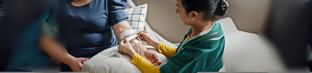 A nurse applies an intravenous catheter to a patient's arm while seated on a couch,