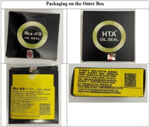 Packaging of ‘HTA Oil Seal’ and ‘Ars-HTA Oil Seal’ boxes showing black and yellow outer packaging used by Hi-Tech Arai and Paul Components.