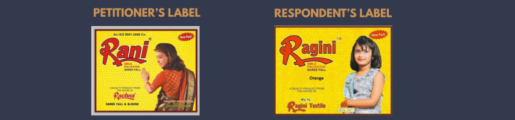 Side-by-side comparison of two trademark labels. The left label, titled "Petitioner's Label," displays the brand name "Rani" in red font on a yellow background, with a woman in a red saree on the right side and text reading "SMILE POLYESTER SAREE FALL" and "A QUALITY PRODUCT FROM THE HOUSE OF RACHNA." The top right corner has a red tag that says "New Pack." The right label, titled "Respondent's Label," features the brand name "Ragini" in similar red font on a yellow background, with a girl in a light blue dress on the right side and similar text including "SMILE POLYESTER SAREE FALL," "A QUALITY PRODUCT FROM THE HOUSE OF RAGINI TEXTILE," and "New Pack" in the top right corner.