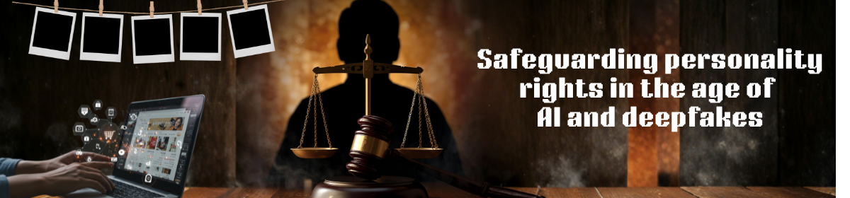 Concept image showing legal balance scales and a gavel symbolizing justice, with a shadowed human figure in the background and a laptop displaying digital media icons and the text 'Safeguarding personality rights in the age of AI and deepfakes'.