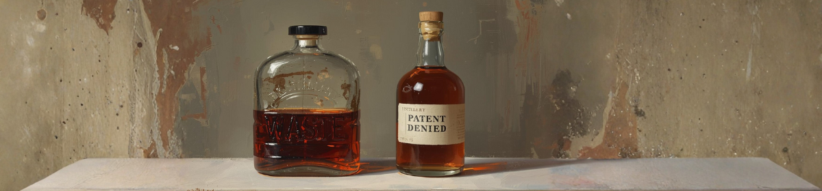 Two bottles are placed side by side against a muted background. The bottle on the left is labeled "DISTILLERY WASTE" and contains a dark liquid, while the bottle on the right is labeled "PATENT DENIED" and also contains a similar dark liquid.