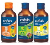 Three COFSILS cough syrup brown bottles with orange, green and yellow labels.