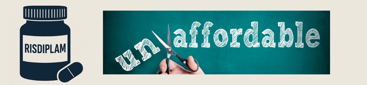 Illustration of a medicine bottle labeled “Risdiplam” next to the word “unaffordable,” with a hand using scissors to cut off the “un” prefix, symbolizing making the drug affordable.