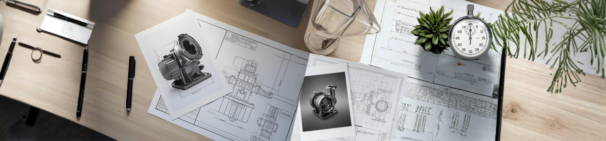 A wooden desk with engineering blueprints and technical drawings spread out. Two printed photographs of a pump assembly lie on the blueprints.