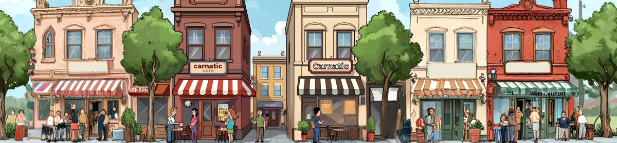 A lively, illustrated street scene with several small cafés and people dining outdoors