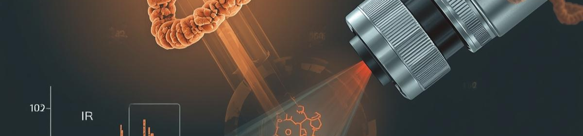 Close-up of a metallic microscope lens projecting an infrared beam onto stylized chemical structures, with DNA-like strands and an “IR” graph on a dark background.