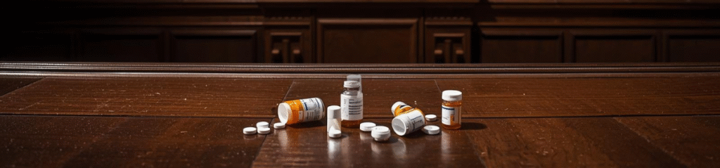 Prescription medicine bottles and tablets placed on a courtroom bench, symbolizing a pharmaceutical patent dispute and legal ruling.