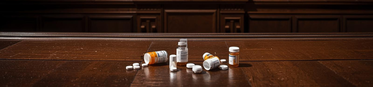 Prescription medicine bottles and tablets placed on a courtroom bench, symbolizing a pharmaceutical patent dispute and legal ruling.