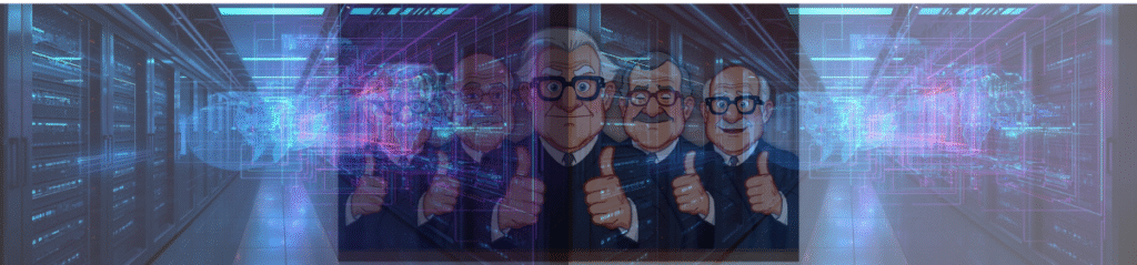 Illustration of judges giving thumbs up, overlaid on a futuristic data center with digital graphics representing data flow and technology