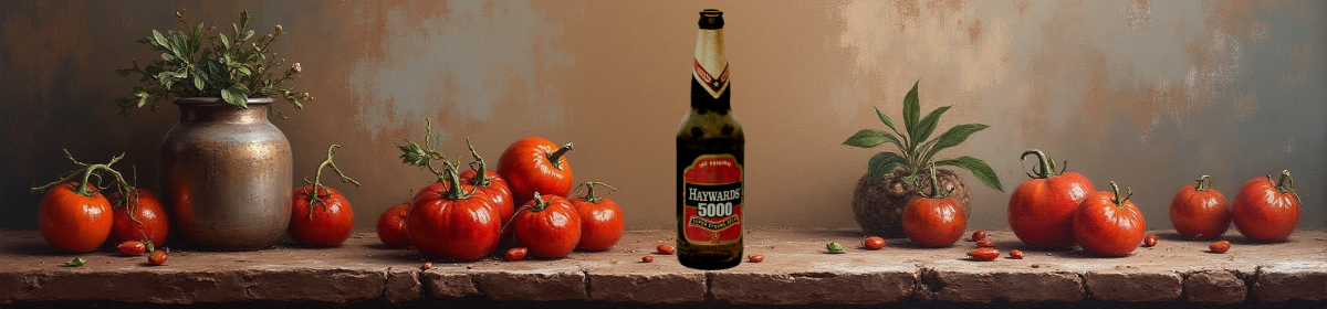 A bottle of Haywards 5000 beer placed centrally on a rustic stone table, surrounded by ripe red tomatoes, herbs, and a metal pot, styled like a still-life painting with warm, earthy tones.