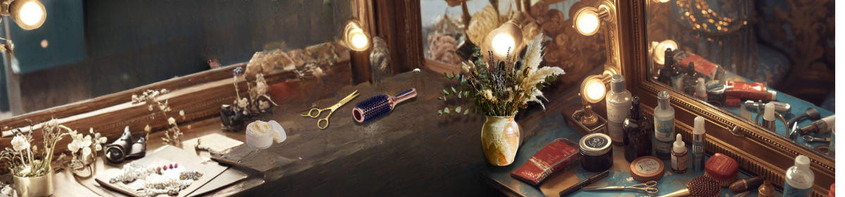 Salon mirror reflection with hair styling tools and lights.