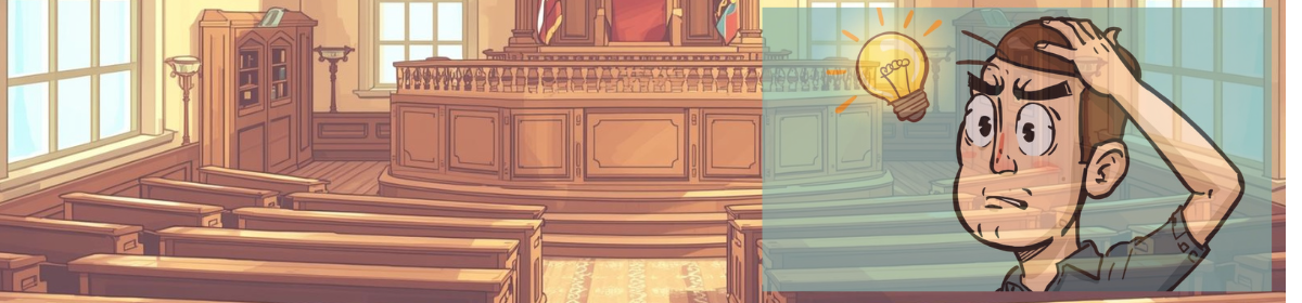Illustration of a courtroom with wooden benches and judge's bench; inset shows a cartoon man scratching his head with a lightbulb over it, symbolizing a sudden realization or mistake.