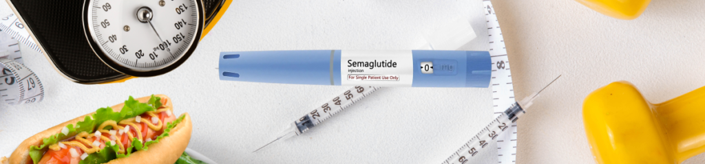 Semaglutide injection pen with syringe surrounded by weighing scale, tape measure, dumbbell and fast food, symbolising weight loss and diabetes treatment.