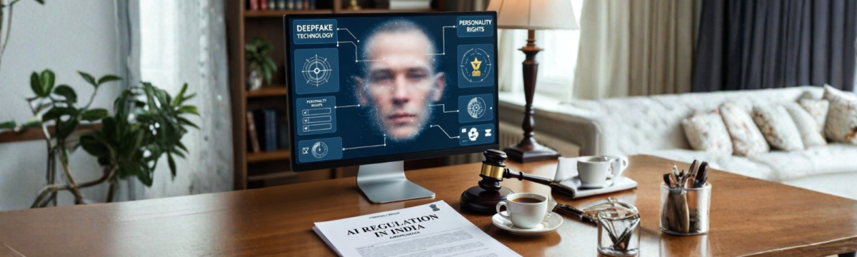 A modern workspace scene showing a computer monitor displaying a digitally reconstructed human face with labels like “Deepfake Technology” and “Personality Rights,” alongside legal icons. On the desk are a gavel, legal documents titled “AI Regulation in India,” coffee cups, and stationery, symbolizing the legal regulation of deepfakes and protection of digital identity.