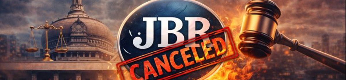 A dramatic legal-themed illustration showing the Delhi High Court in the background, a judge’s gavel striking down a circular “JBR” emblem stamped in red with “CANCELLED,” symbolising the cancellation of trademark registration amid a court dispute.