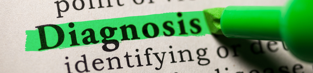 Close-up of a dictionary page with the word “Diagnosis” highlighted in bright green by a chisel-tip highlighter, emphasizing the term against surrounding text.