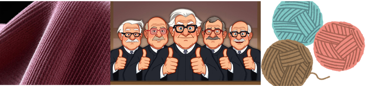 Composite image showing a close-up of breathable maroon fabric, a cartoon panel of judges giving thumbs up, and colorful yarn balls representing air-rich yarn innovation in a legal patent context