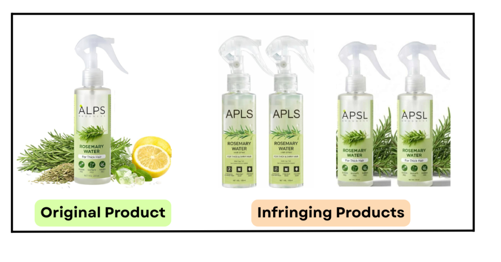 Side-by-side comparison of a cosmetic spray bottle labeled “ALPS GOODNESS Rosemary Water” shown as the original product on the left, and multiple similar bottles labeled “APLS” and “APSL” shown as infringing products on the right, with nearly identical green labels, rosemary graphics, bottle design, and packaging layout.