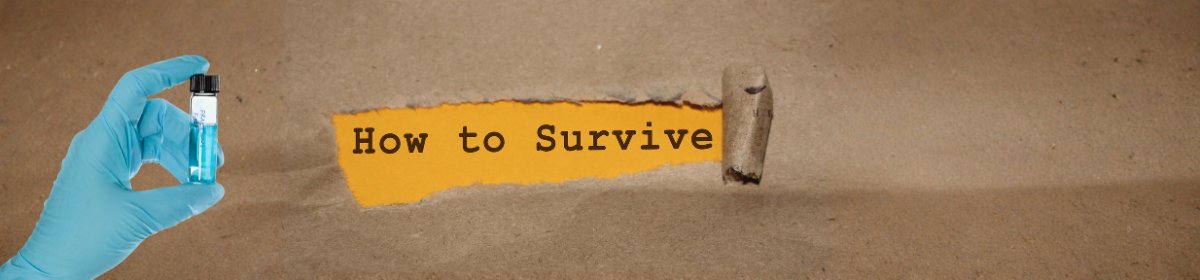 Hand wearing a blue glove holding a small vial beside torn paper with the words “How to Survive,” symbolizing the Patent revocation case as decided by the Delhi High Court between Boehringer Ingelheim v. Controller