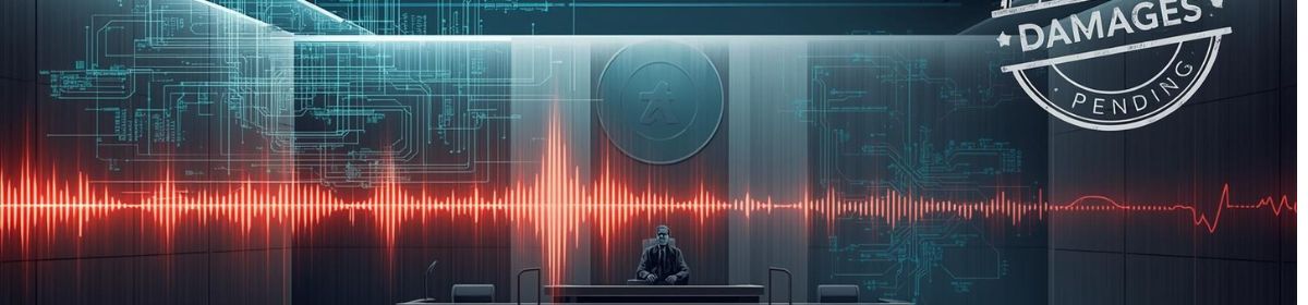A futuristic courtroom setting with a lone judge seated at the bench, surrounded by abstract digital circuitry and tech schematics. A glowing red waveform symbolizing signal modulation runs horizontally across the scene. In the top right corner, a prominent “DAMAGES PENDING” stamp reinforces the theme of unresolved legal claims related to expired technology.