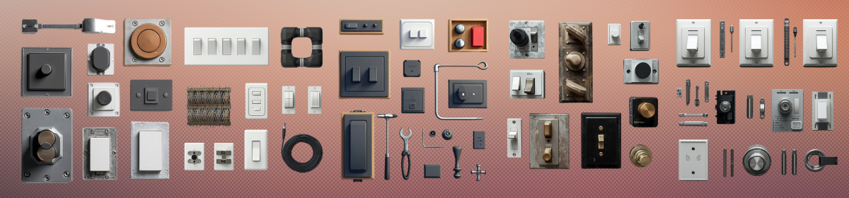 lat lay of modern electrical switches, sockets, and controls arranged in a grid.