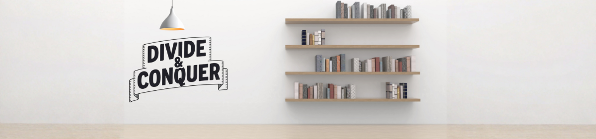 Minimalist office interior with wooden shelves and books on a white wall, featuring a bold “Divide & Conquer” wall graphic under a hanging lamp above a wooden desk.