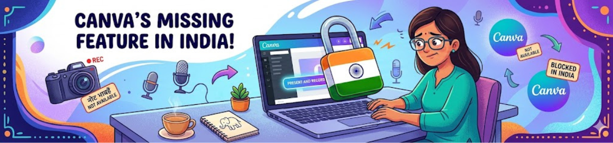 Illustration of a woman using Canva on a laptop with a lock featuring the Indian flag over the screen and the headline “Canva’s Missing Feature in India!”, symbolizing the Present and Record feature being blocked in India.