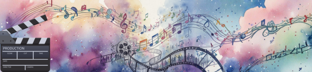 Film reel and musical notes illustrating film music rights.