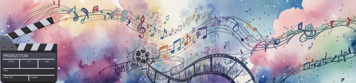 Film reel and musical notes illustrating film music rights.