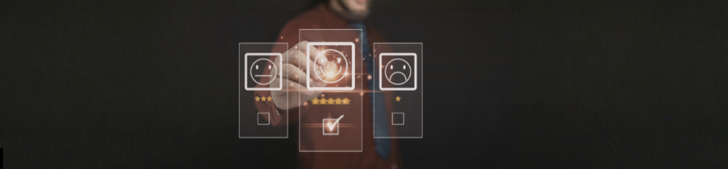 A person selecting options on a holographic graphical user interface showing happy, neutral, and sad rating icons, with the positive option selected.
