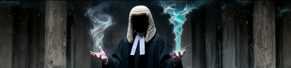 Dramatic illustration of a faceless judge in robes holding two swirling forces, used in the KENT trademark dispute blog to depict the court weighing Kent RO’s brand expansion against Kent Cables’ prior use claim over fans.