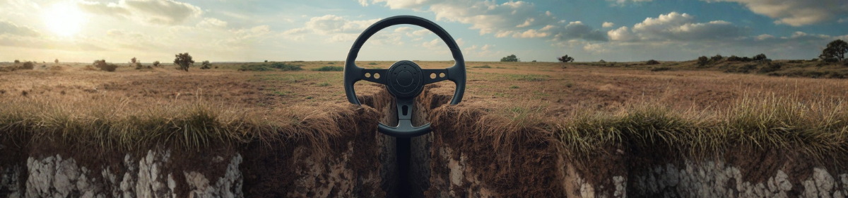 A surreal scene of a car steering wheel standing upright in a narrow trench cut through a dry grassy field under a partly cloudy sky at sunset reflecting Steer Engineering’s failed patent appeal and the Court upholding the refusal of the divisional application.