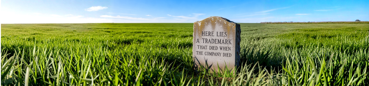 Gravestone in a green field engraved with “Here lies a trademark that died when the company died,” symbolizing a struck-off company and the legal issue of an unrecorded trademark assignment in trademark law.