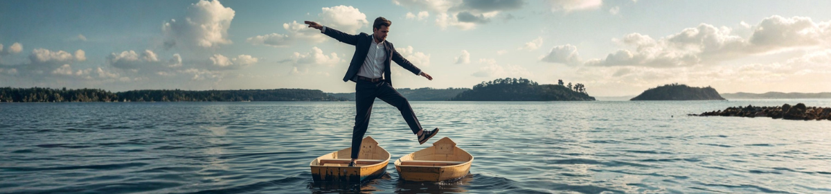 The image shows a Businessman balancing with one foot on each of two small wooden boats in open water, illustrating the attempt by one of the Parties in this case to seek patent revocation through multiple forums.
