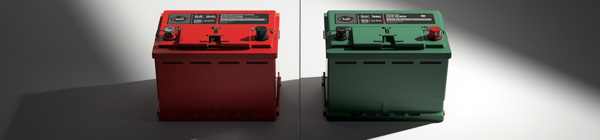 Red and green automotive batteries facing each other divided by a sharp line — illustrating the trade dress passing off dispute between Exide and Amaron at the Calcutta High Court.