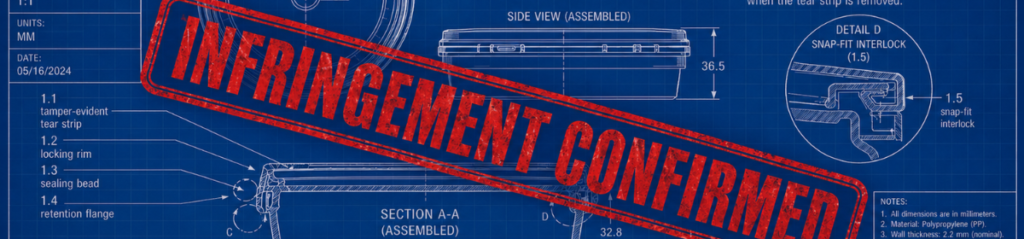 Patent infringement packaging India - technical blueprint of tamper-evident pail closure system stamped infringement confirmed. Delhi High Court ruling on design registration vs patent protection in Mold-Tek v. Neway Industries
