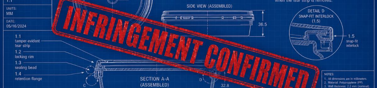 Patent infringement packaging India - technical blueprint of tamper-evident pail closure system stamped infringement confirmed. Delhi High Court ruling on design registration vs patent protection in Mold-Tek v. Neway Industries