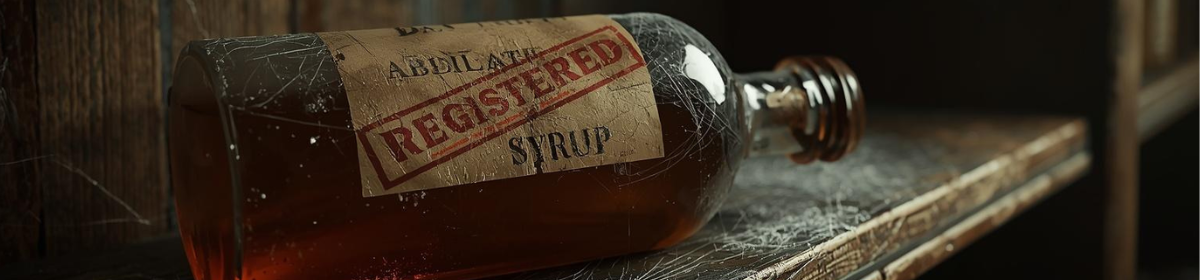 An old glass syrup bottle coated in dust and cobwebs, resting on a worn wooden shelf, its peeling label stamped with a bold red "Registered" mark - symbolising a trademark left unused and forgotten