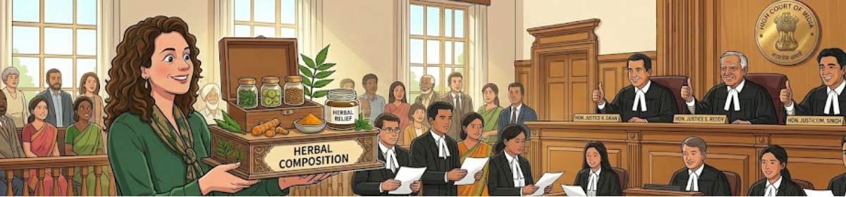 Illustration of a courtroom scene where a woman presents a box labeled “Herbal Composition” containing herbal ingredients, while judges and lawyers review documents during a patent hearing