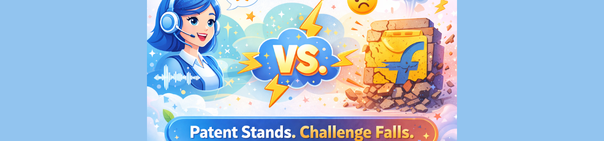 Cartoon illustration showing a virtual assistant versus Flipkart logo with the text “Patent Stands, Challenge Falls” representing the Voicemonk patent case victory