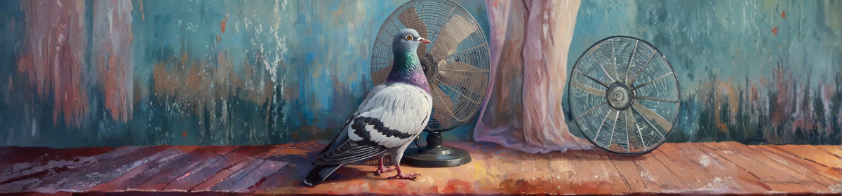 llustration of a pigeon beside vintage fans representing the Atomberg v Stove Kraft design infringement and passing off dispute.